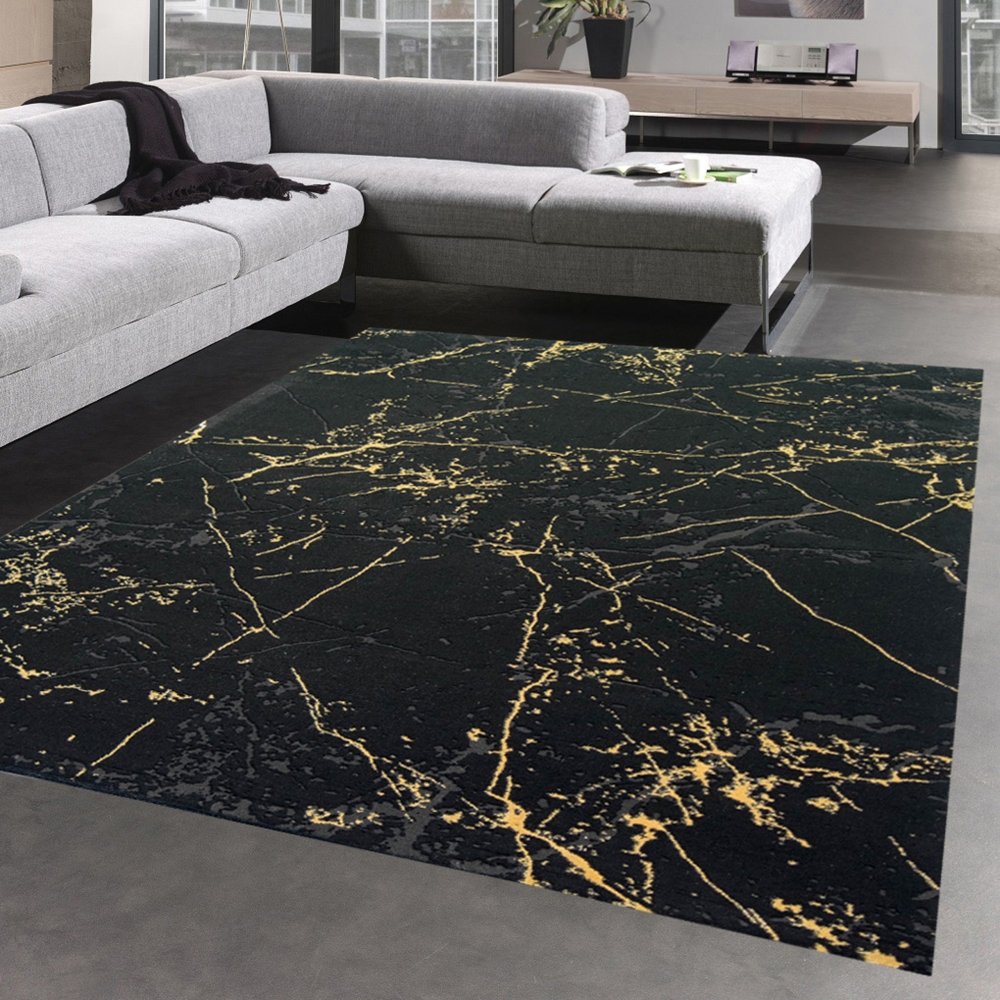 Teppich Wohnzimmer Designerteppich Marmor Optik schwarz gold