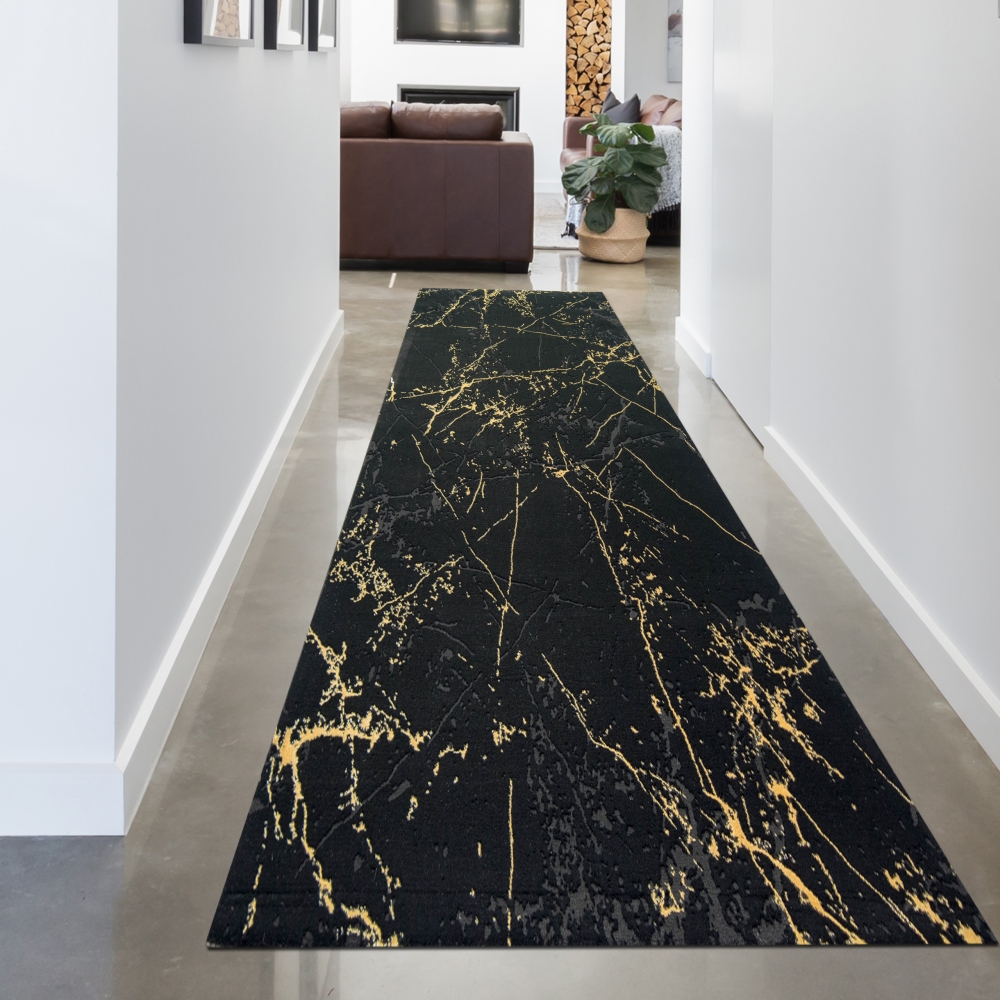 Teppich Wohnzimmer Designerteppich Marmor Optik schwarz gold