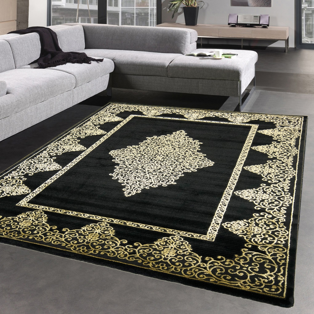 Teppich Wohnzimmer Kurzflor Teppich Ornamente schwarz gold