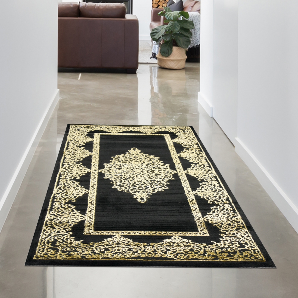 Teppich Wohnzimmer Kurzflor Teppich Ornamente schwarz gold