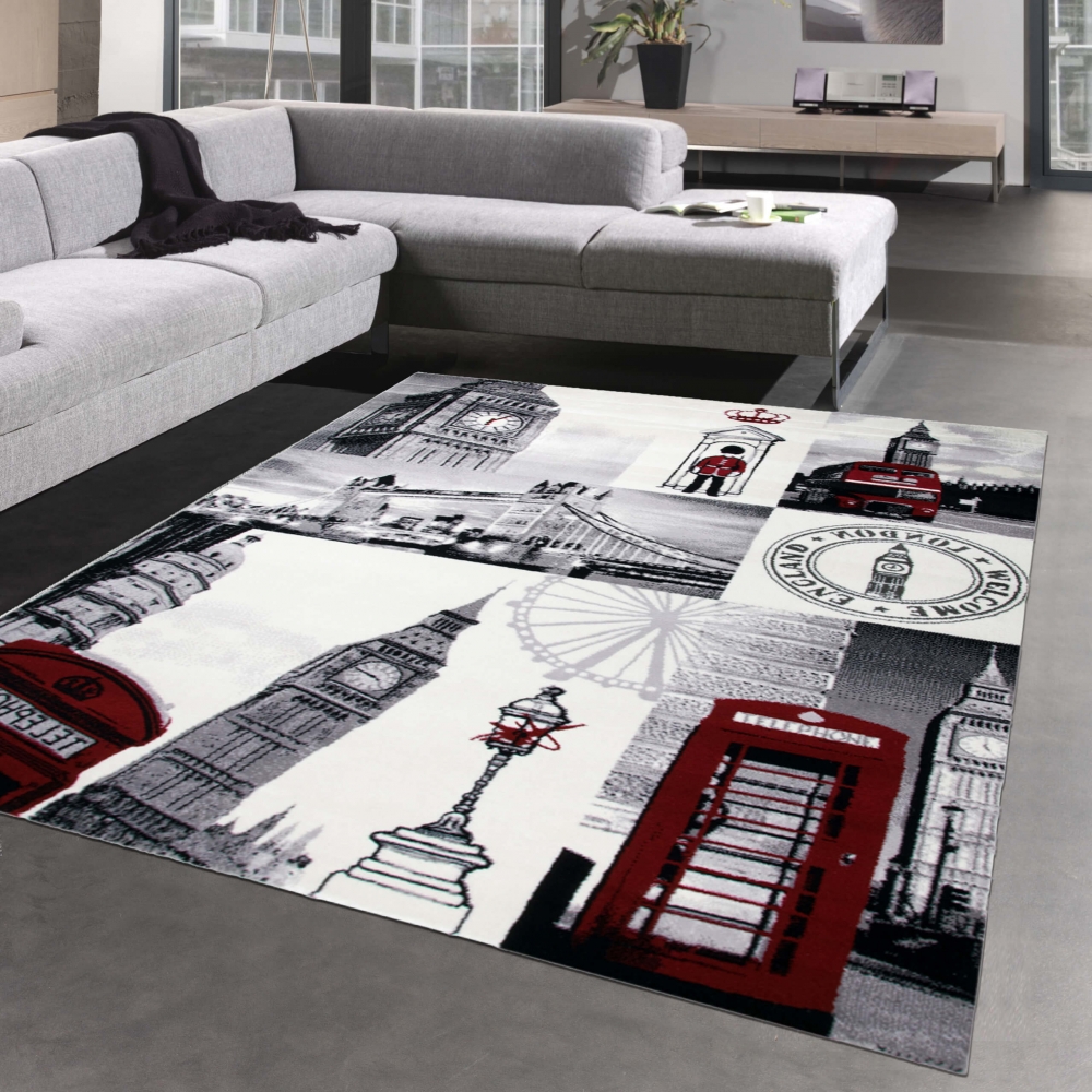 Designteppich London Patchwork Creme Grau mit roten Highlights