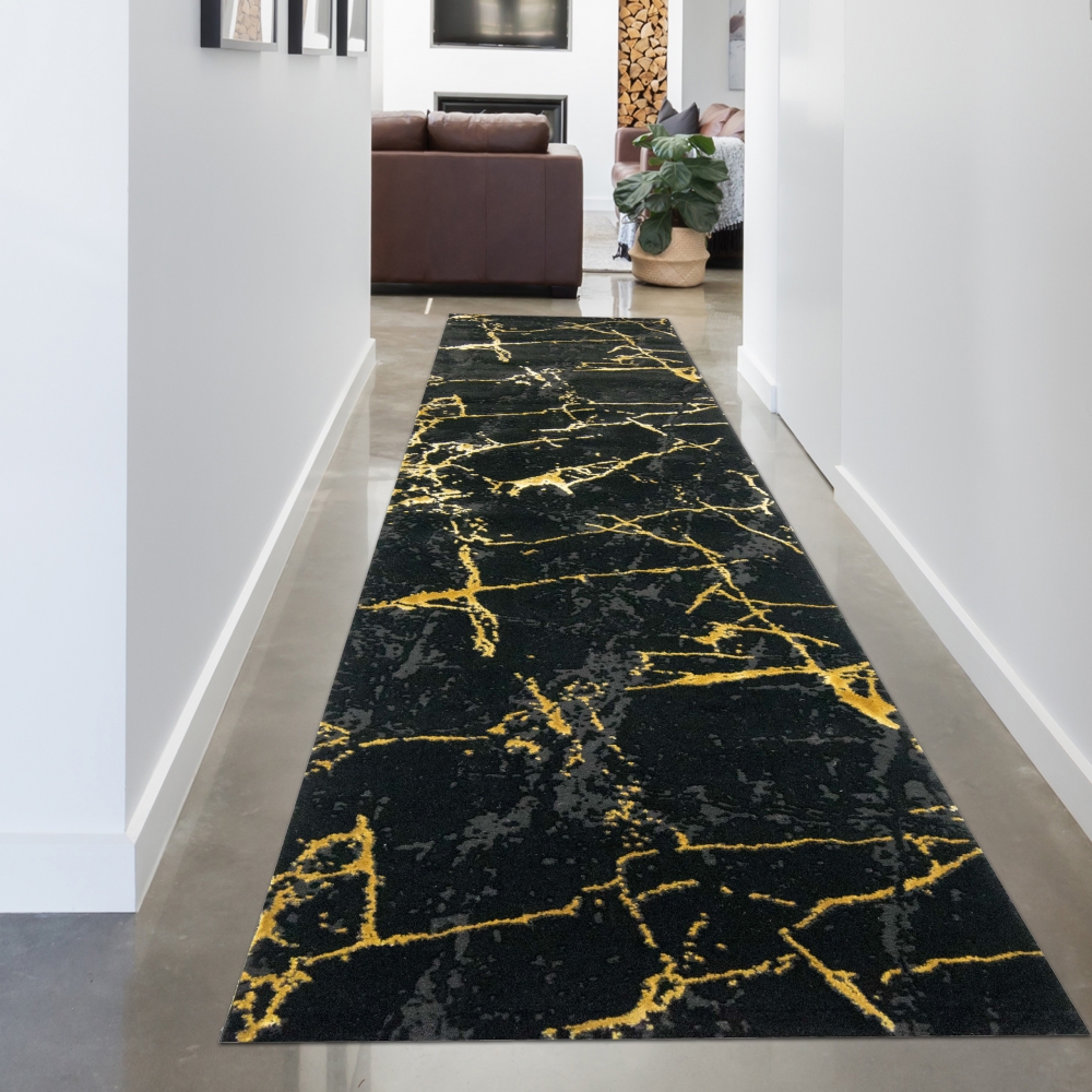 Teppich modern Wohnzimmerteppich Marmor Optik schwarz gold
