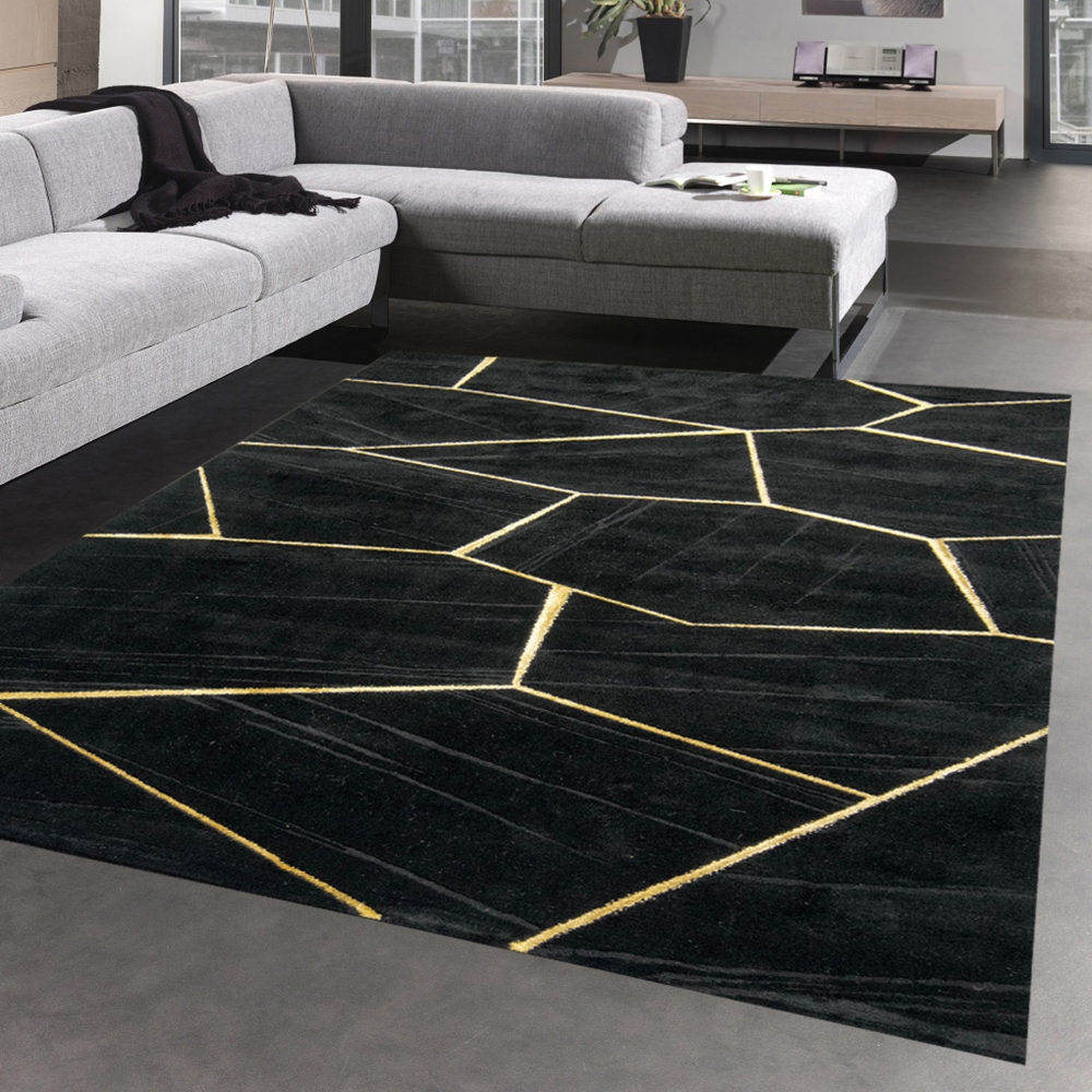 Teppich Wohnzimmer geometrisches Muster schwarz gold