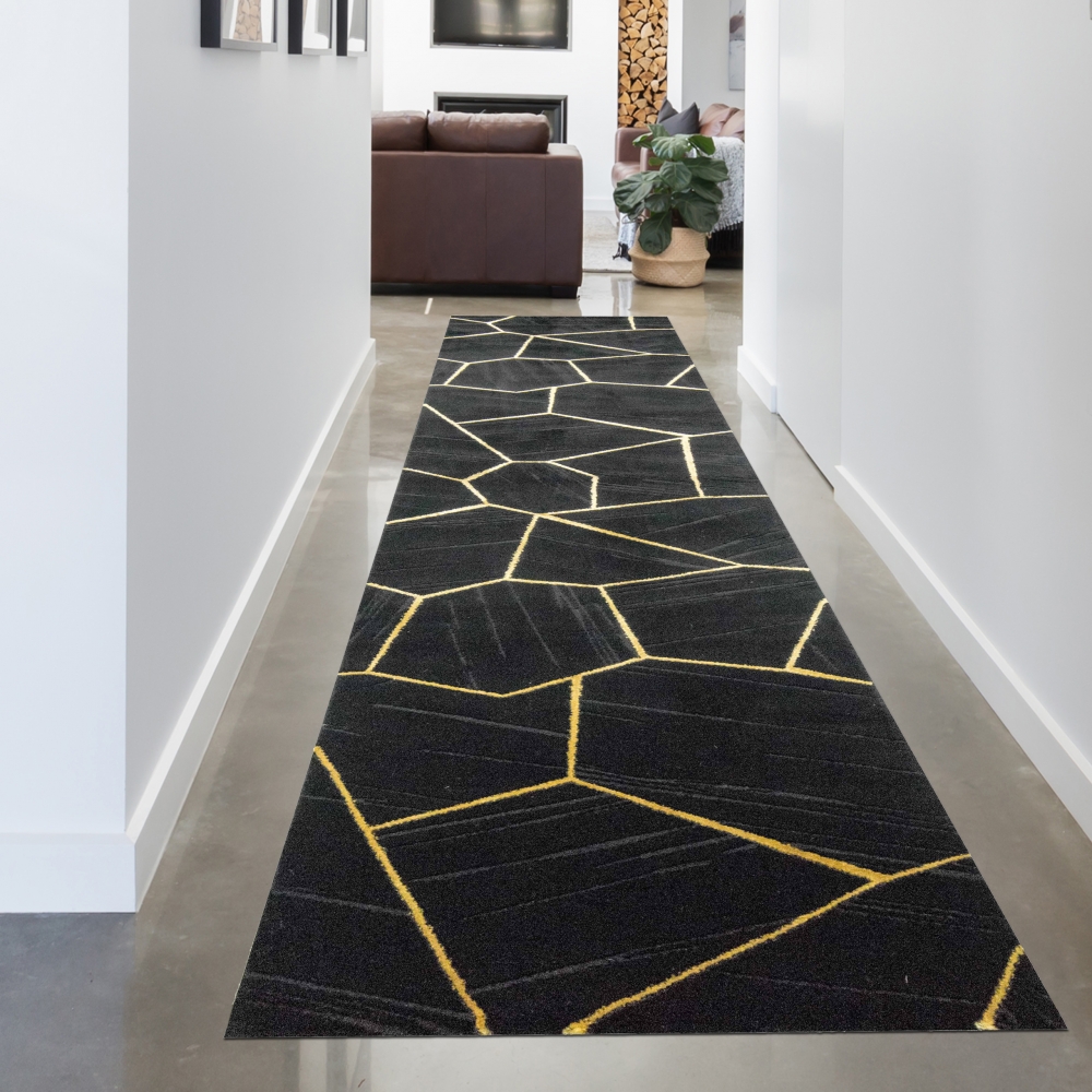 Teppich Wohnzimmer geometrisches Muster schwarz gold