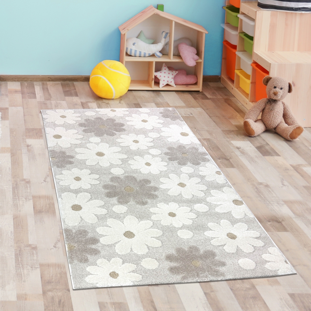 Süßer Kinderzimmerteppich mit 3D-Effekt im Blumenmuster in creme beige