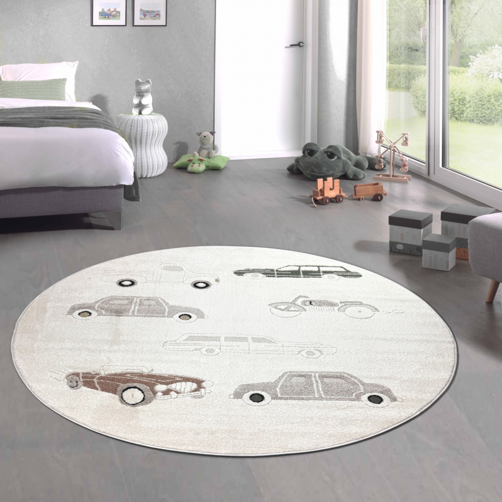 Kinderteppich mit Höheneffekt und verschiedenen Autos in creme beige