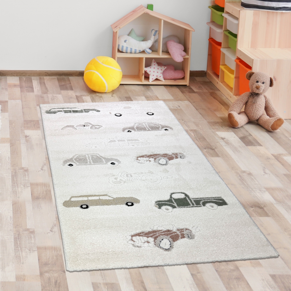 Kinderteppich mit Höheneffekt und verschiedenen Autos in creme beige