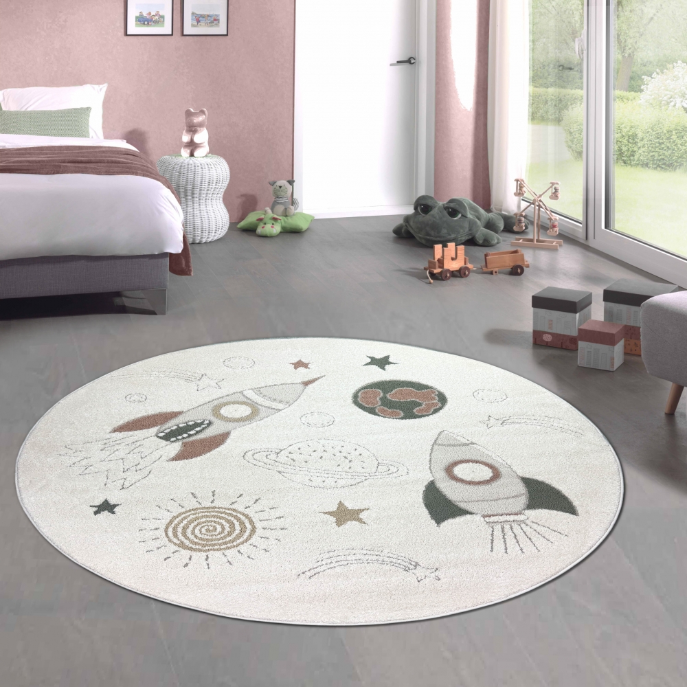 Abenteuerlicher Kinderteppich Raumschiffen Planeten Sterne in creme grau beige