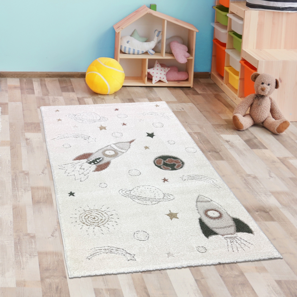 Abenteuerlicher Kinderteppich Raumschiffen Planeten Sterne in creme grau beige