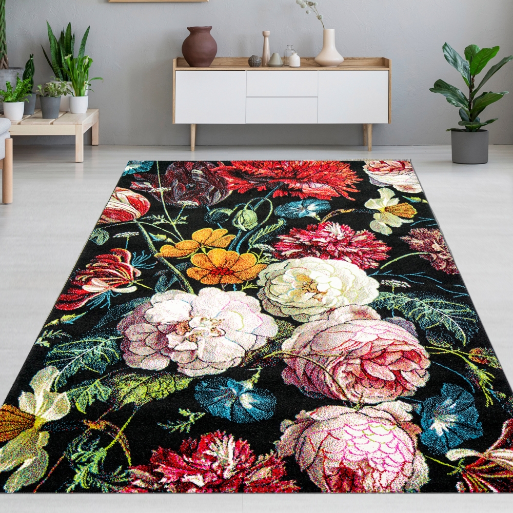 Teppich Wohnzimmer Designerteppich Blumen Herbstblumen Blumenstrauß schwarz rot