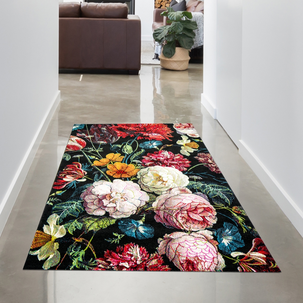 Teppich Wohnzimmer Designerteppich Blumen Herbstblumen Blumenstrauß schwarz rot
