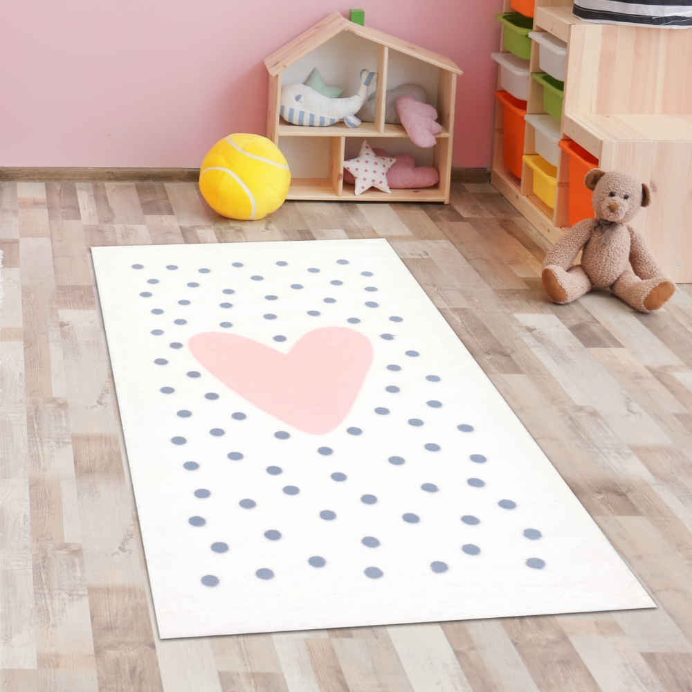 Kinderzimmer-Teppich weich Herz-Pünktchen in creme, rosa grau