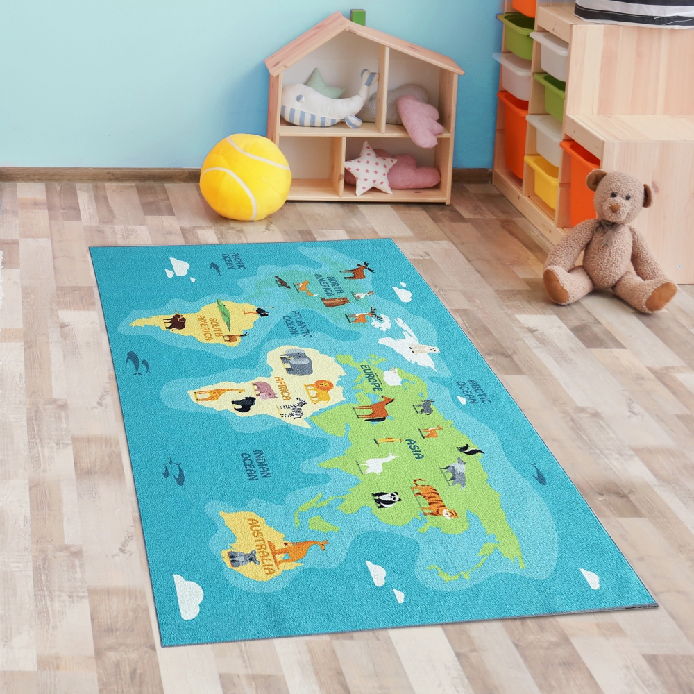 Lernteppich für Kinder „Kontinente spielend lernen“ türkis-blau