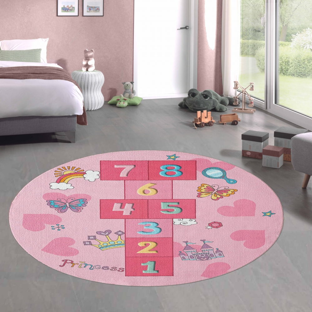 Hüpfkästchen Kinder-Spielteppich mit Prinzessinnen Burg in rosa