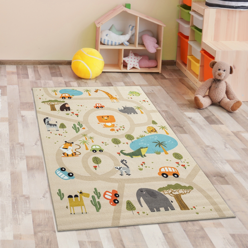 Kinderteppich Safari / Straße Spielteppich waschbar beige