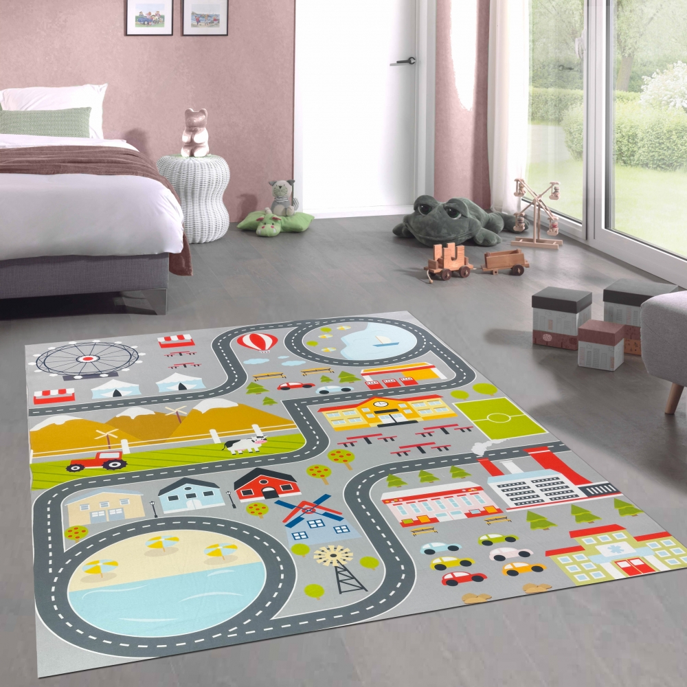 Kinderzimmer Weltkarten-Lernteppich Tiere & Meere in blau