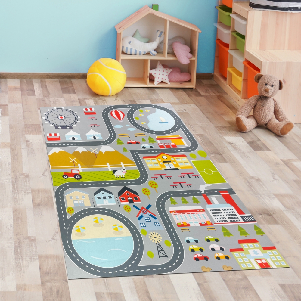 Kinderteppich pflegeleicht rutschfest mit Stadt Motiv in Grau