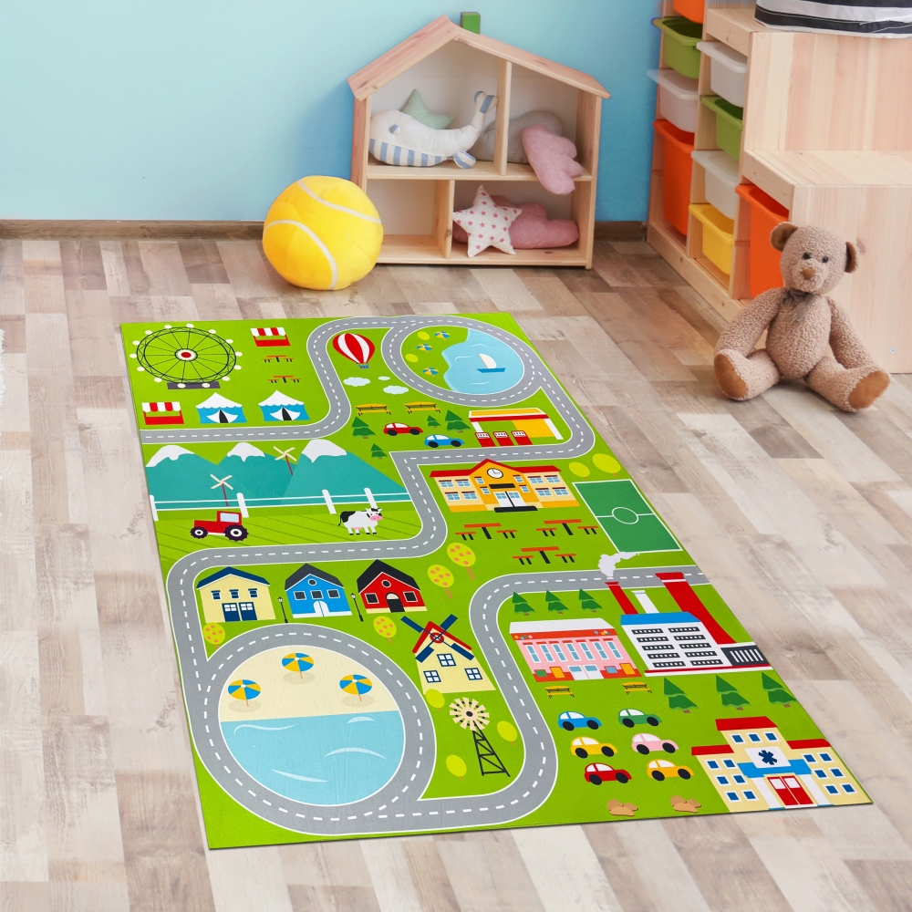 Rutschfester Kinderteppich strapazierfähig mit Stadt Motiv in Grün