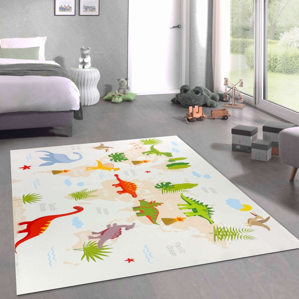 Kinderzimmer Weltkarten-Lernteppich Tiere & Meere in blau