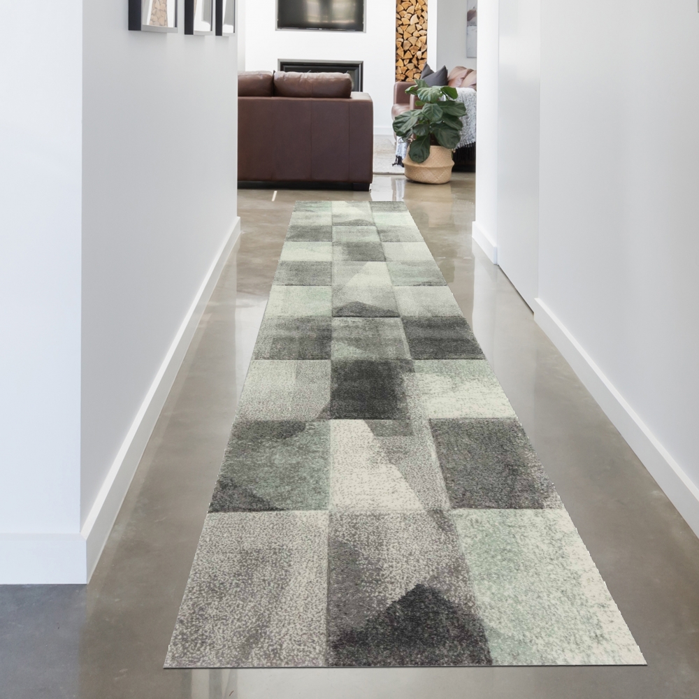 Abstrakter Teppich Flur Wohnzimmer modernes Karomuster in anthrazit grau grün