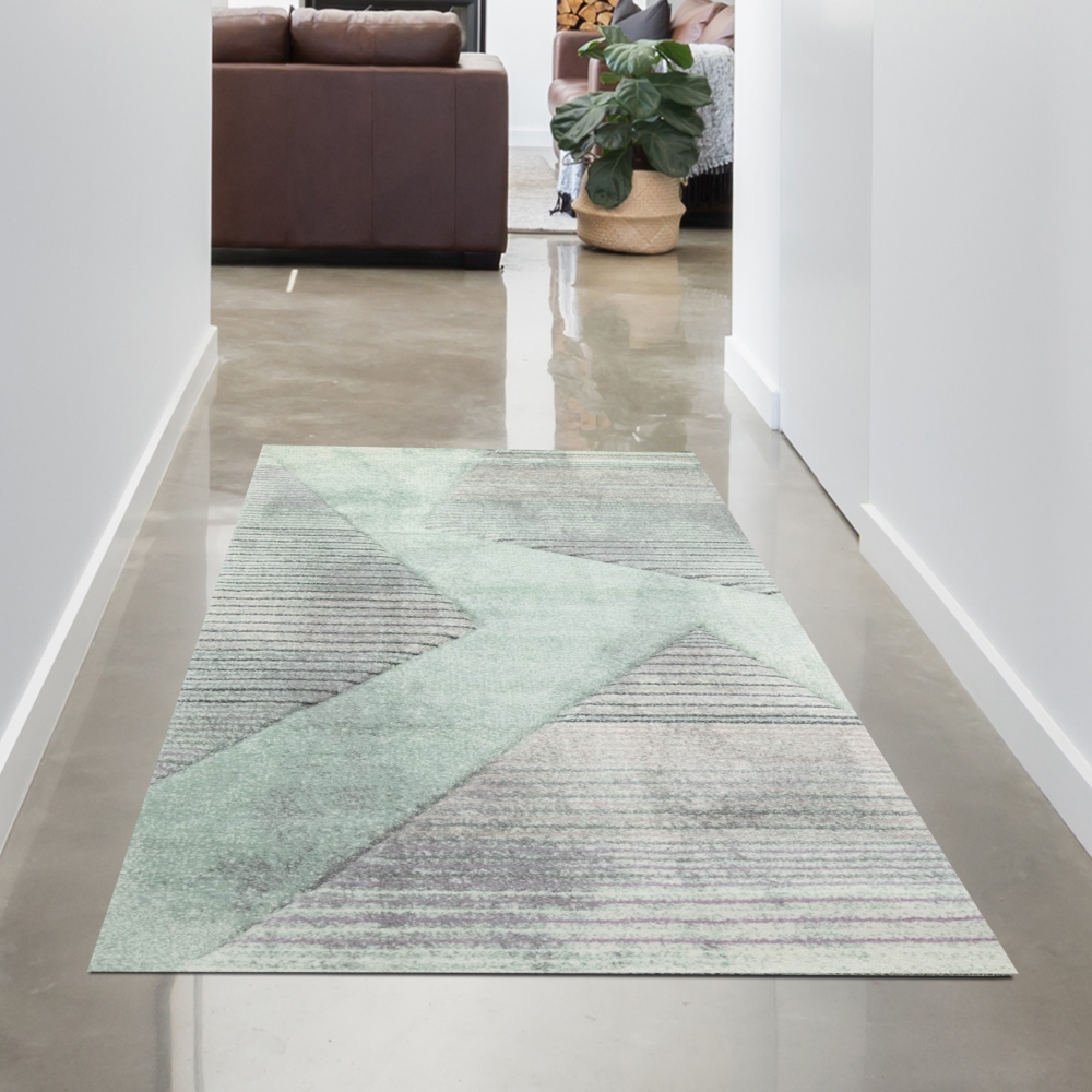 Abstrakter Teppich Wohnzimmer modernes gestreiftes Muster rosa grün grau - pflegeleicht