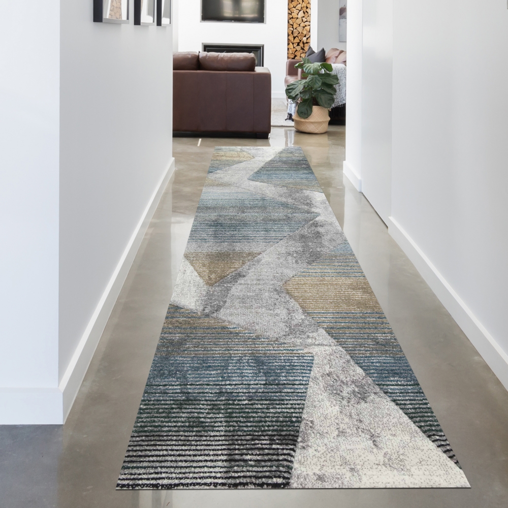 Abstrakter Teppich Wohnzimmer modernes gestreiftes Muster gold blau grau - pflegeleicht