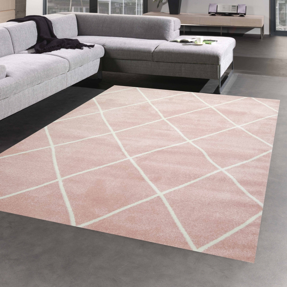 Skandinavischer Teppich Wohnzimmer Rautenmuster Weiß Creme Rosa pflegeleicht