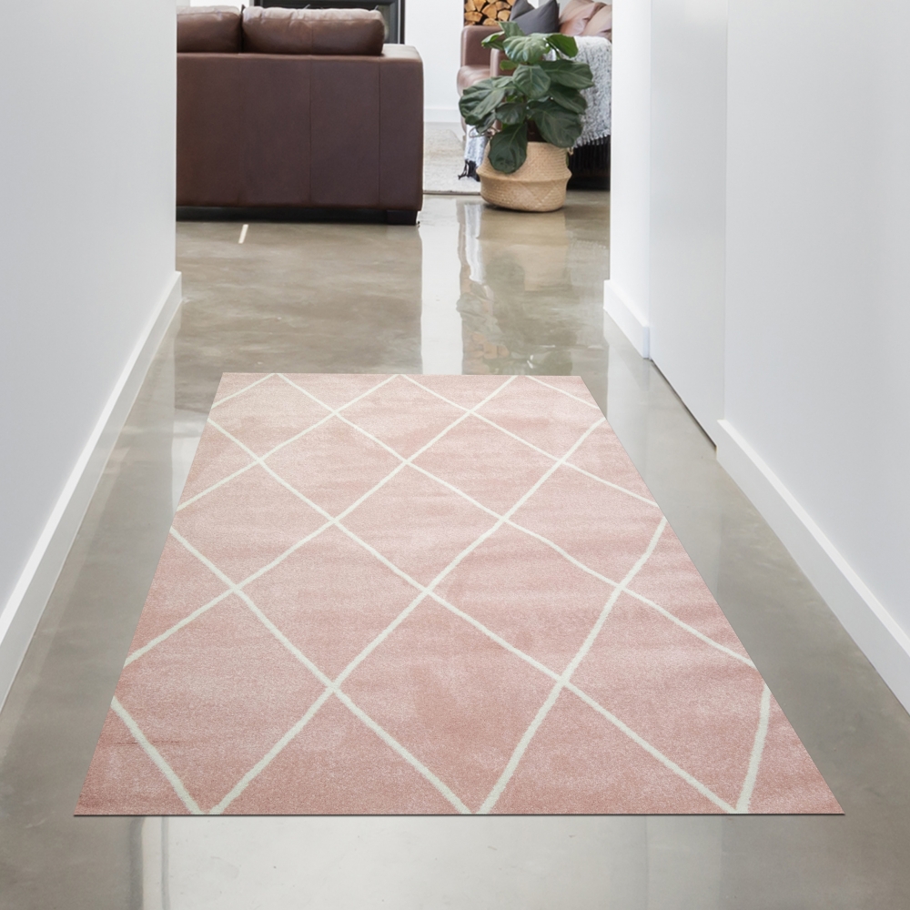Skandinavischer Teppich Wohnzimmer Rautenmuster Weiß Creme Rosa pflegeleicht