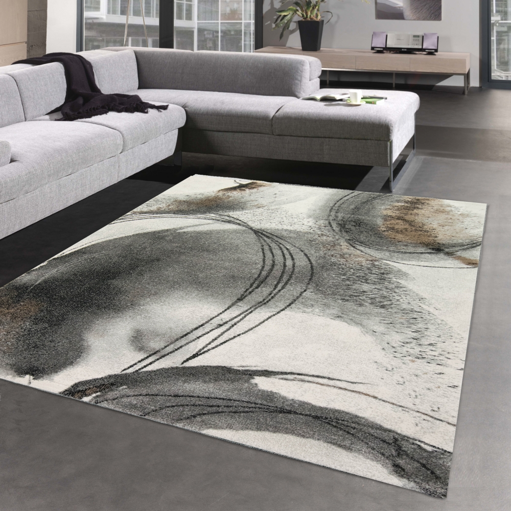 Abstrakter Wohnzimmer Teppich mit Kreisformen in creme grau