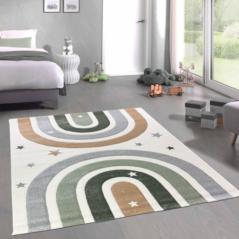 Moderner Teppich Pastellfarben weich pflegeleicht mit Regenbogendesign in Creme