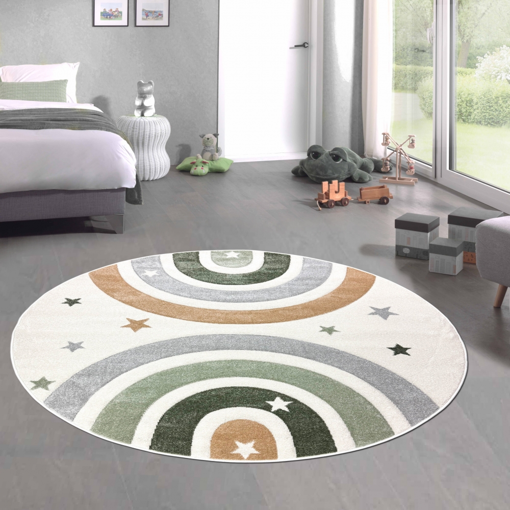 Moderner Teppich Pastellfarben weich pflegeleicht mit Regenbogendesign in Creme