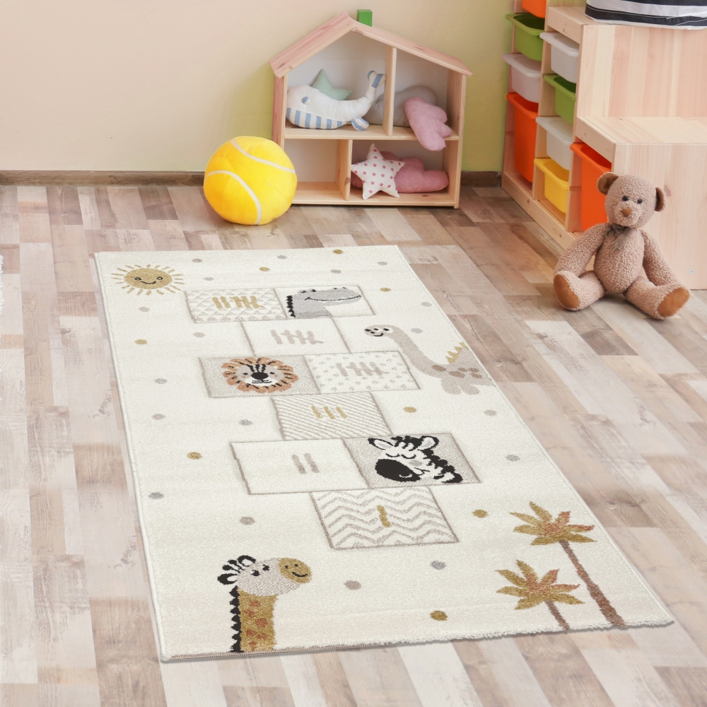 Kinderteppich mit Hüpfspiel und Tiermotiven Weich, Pflegeleicht & Spielerisch Lernen in creme