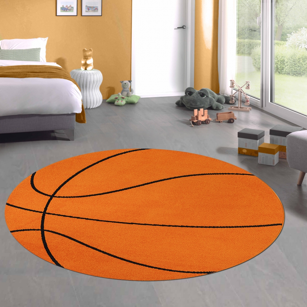 Runder Basketball-Teppich Sportliches Design Weich & Pflegeleicht für Kinderzimmer & Jugendzimmer in Orange Schwarz