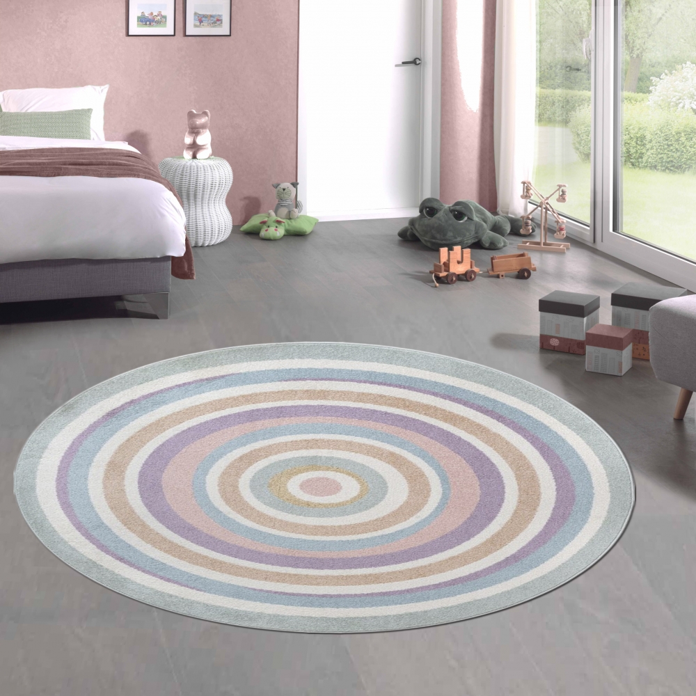 Moderner Kinderzimmer Teppich mit Pastellkreisen – pflegeleicht & weich