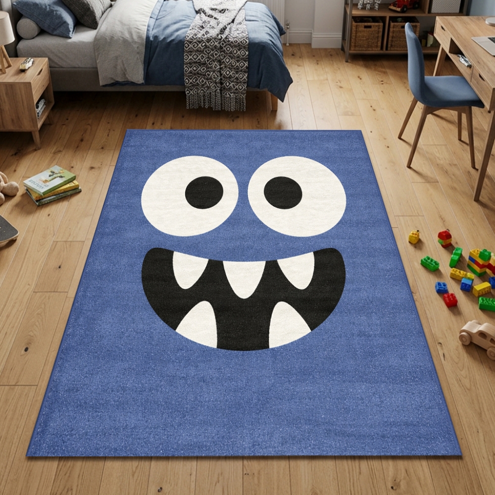 Design Kinderteppich Rund Blau Monster Look