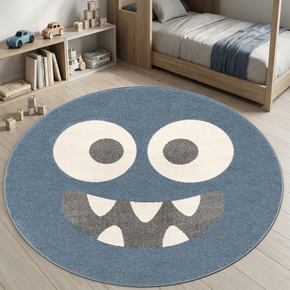 Design Kinderteppich Blau Monster Look