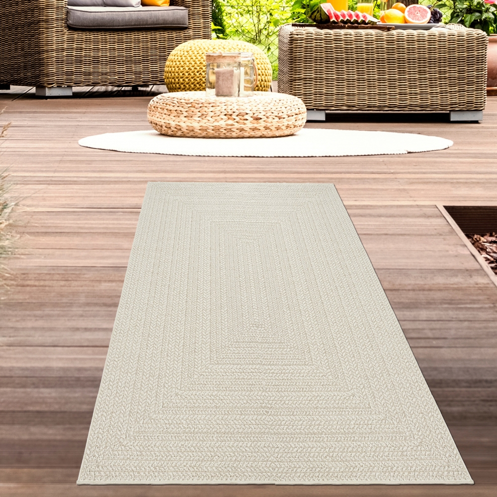 Teppich Outdoor Wohnzimmer wetterfest mit rechteckigem Linienmuster in Creme