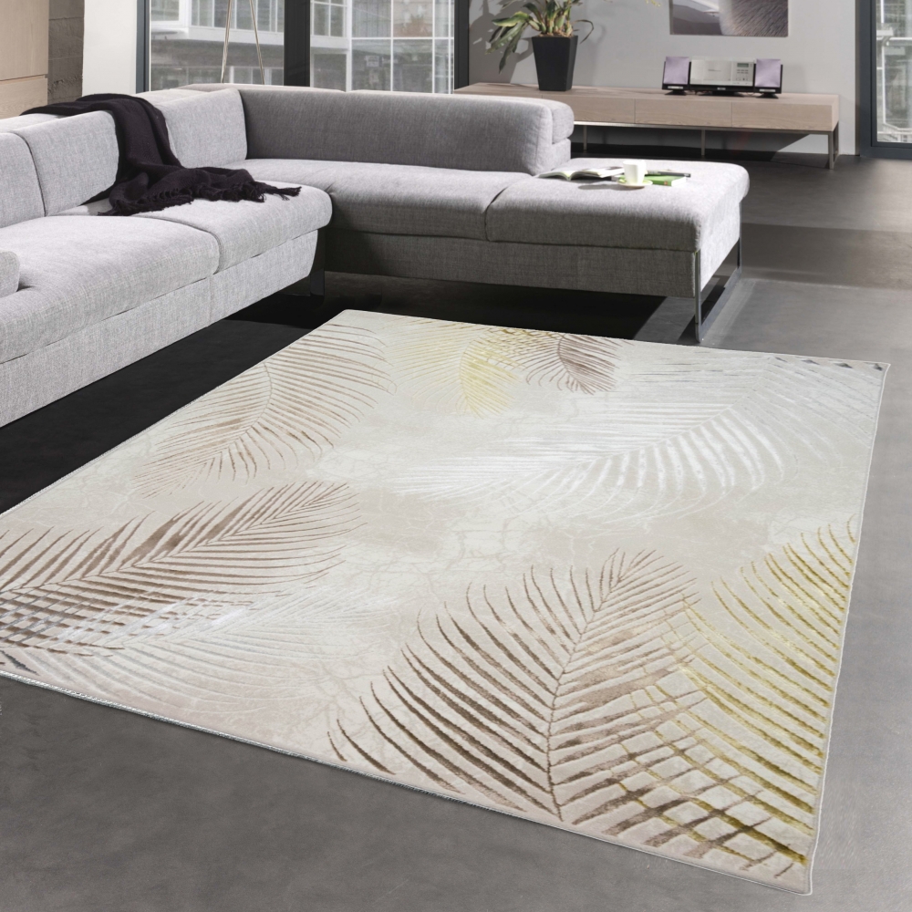 Moderner Designerteppich mit Palmenzweigen creme gold