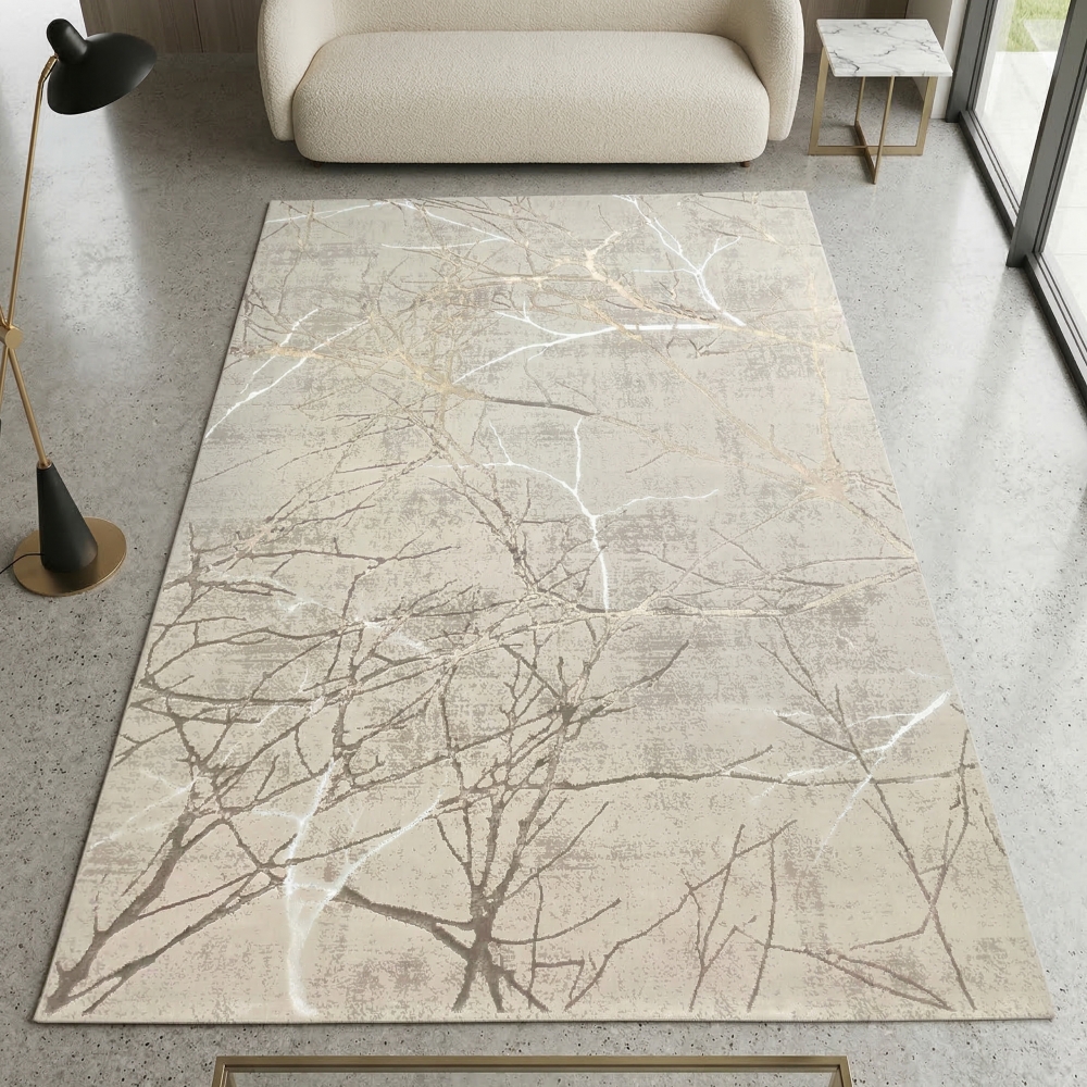 Moderner Designerteppich mit glänzenden Ästen abstrakt creme