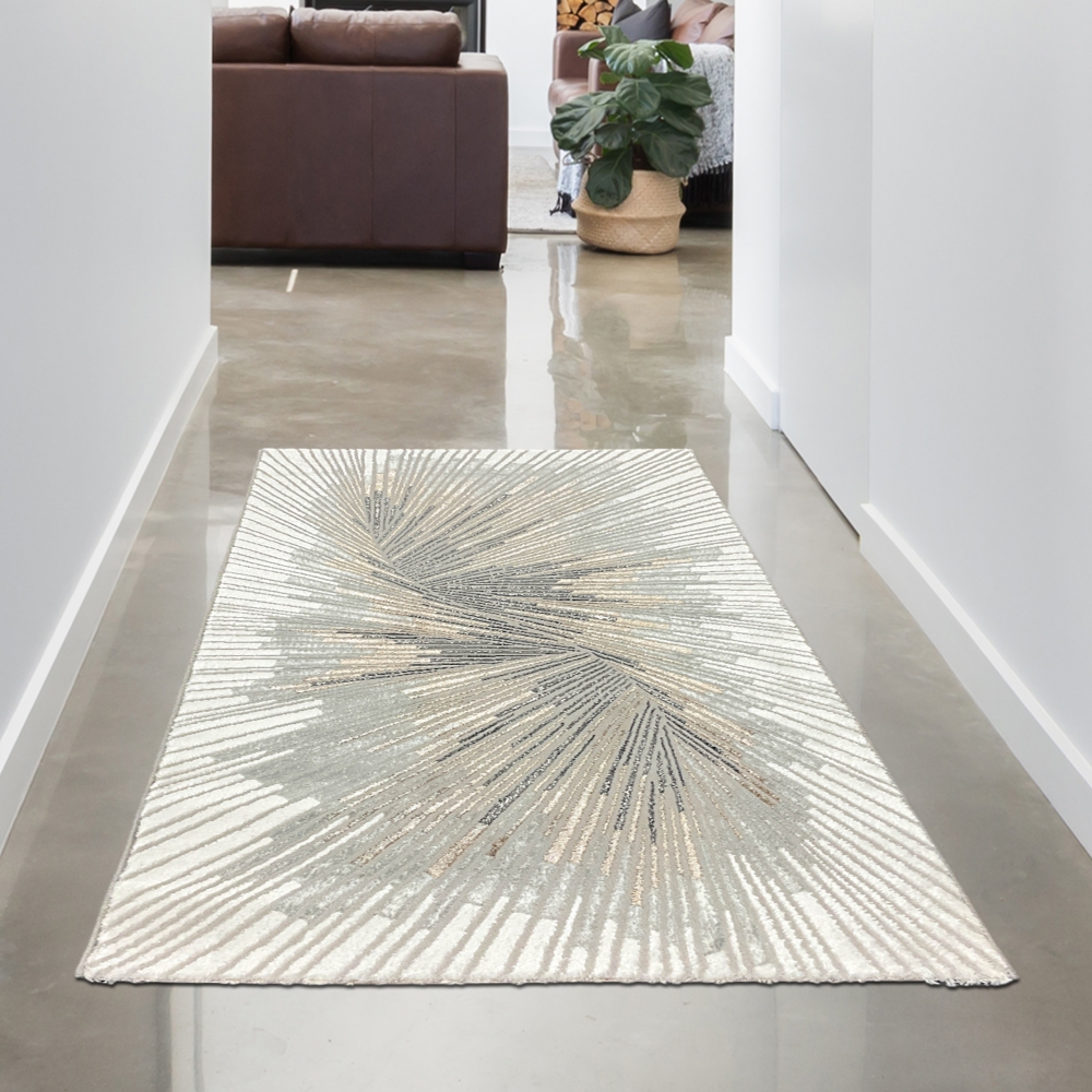 Ein Teppich mit abstraktem Muster und strahlenden Silber-Bronze Glanzfasern
