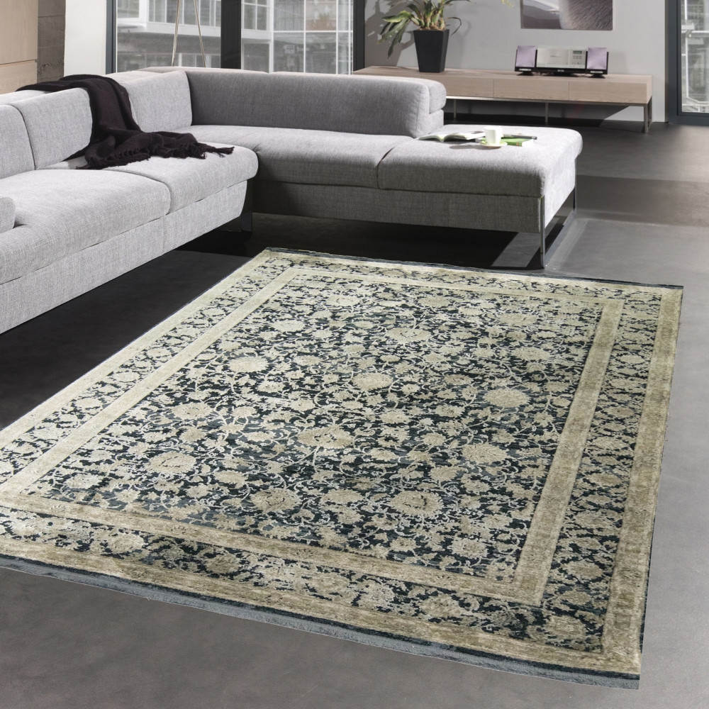 Orientalischer Teppich Wohnzimmer mit Blumenmotiv in schwarz beige