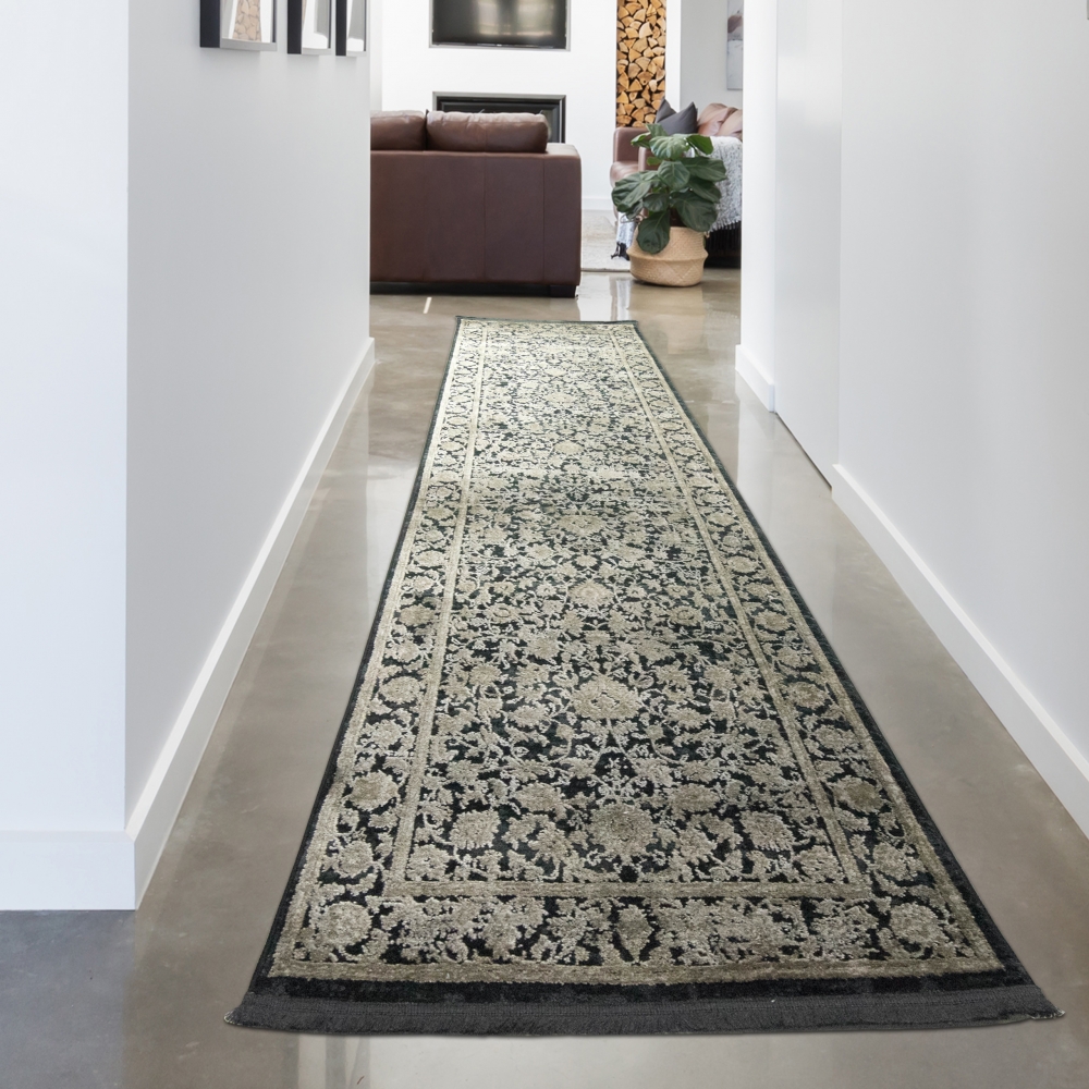 Orientalischer Teppich Wohnzimmer mit Blumenmotiv in schwarz beige