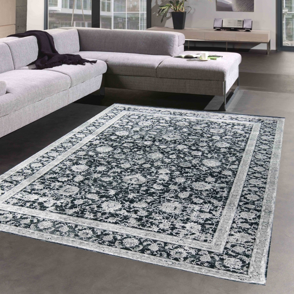 Orientalischer Teppich Wohnzimmer mit Blumenmotiv in schwarz grau