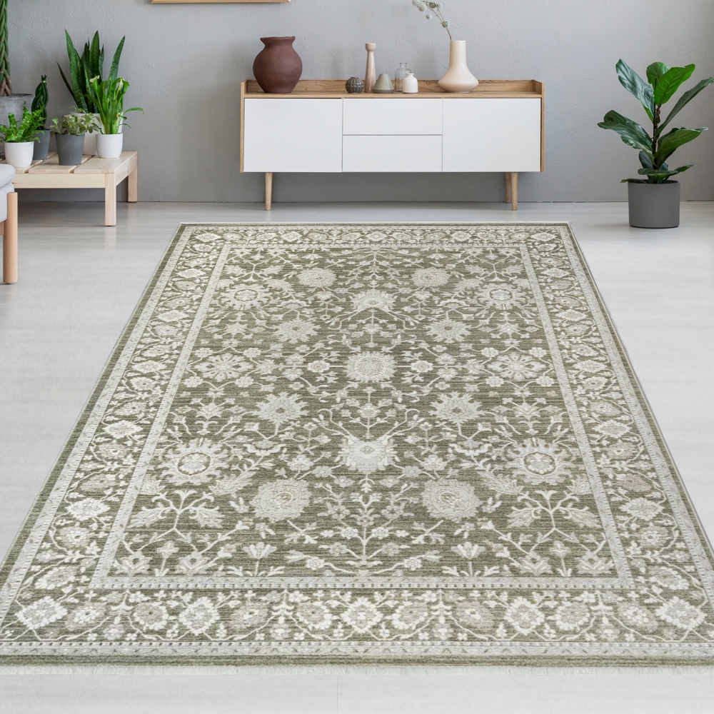Designer Teppich Grün Beige Vintage floral modern stilvoll