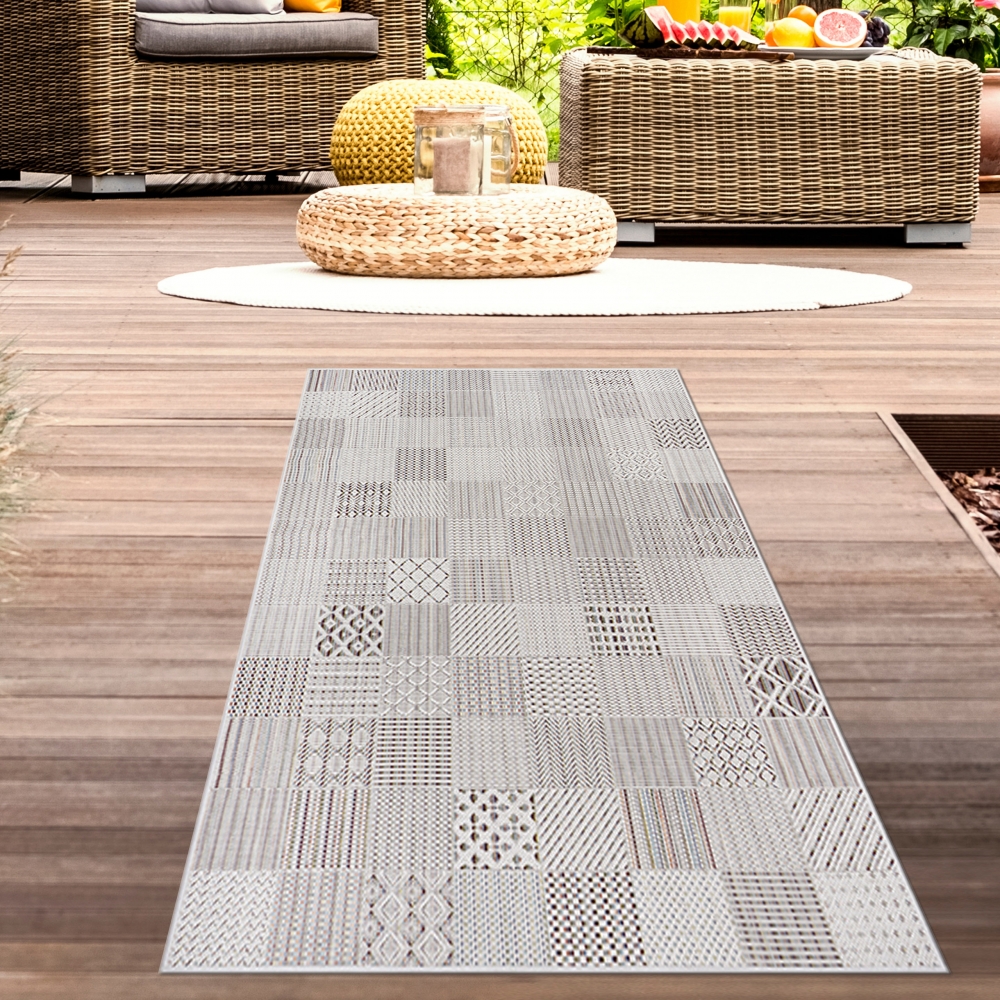 Outdoorteppich Wohnzimmer Außenbereich mit Fliesen Muster in creme grau