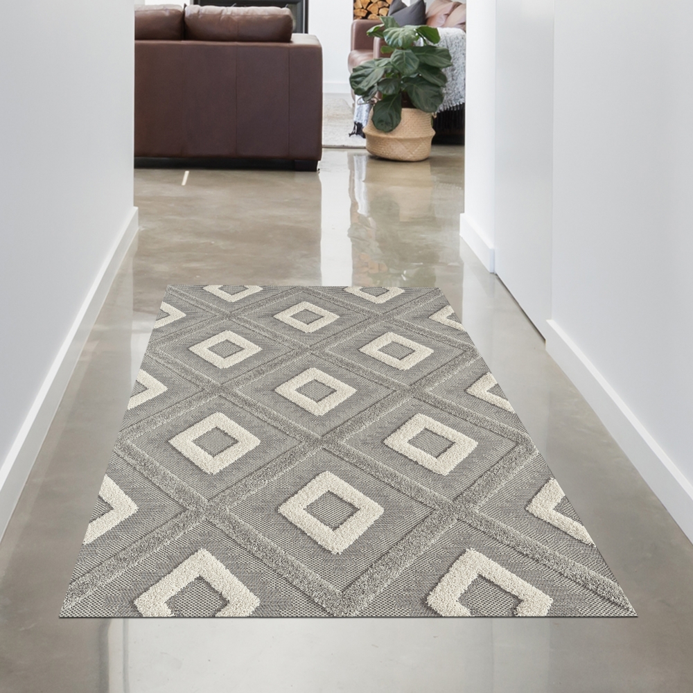 Moderner Teppich für Wohnzimmer und Flur in Grau und Beige mit Rautenmuster und Hoch-Tief-Effekt