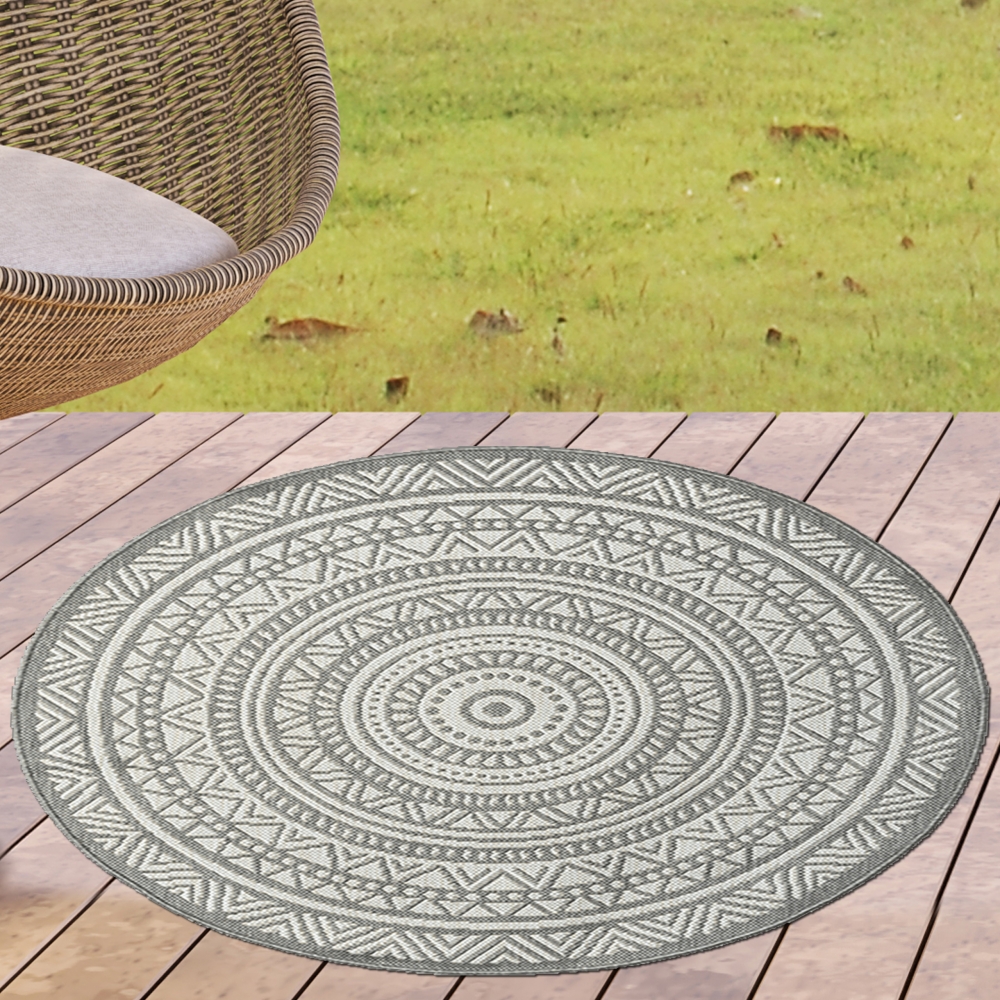 Runder Indoor- & Outdoorteppich im Mandala-Design – Grau und Creme, vielseitig einsetzbar