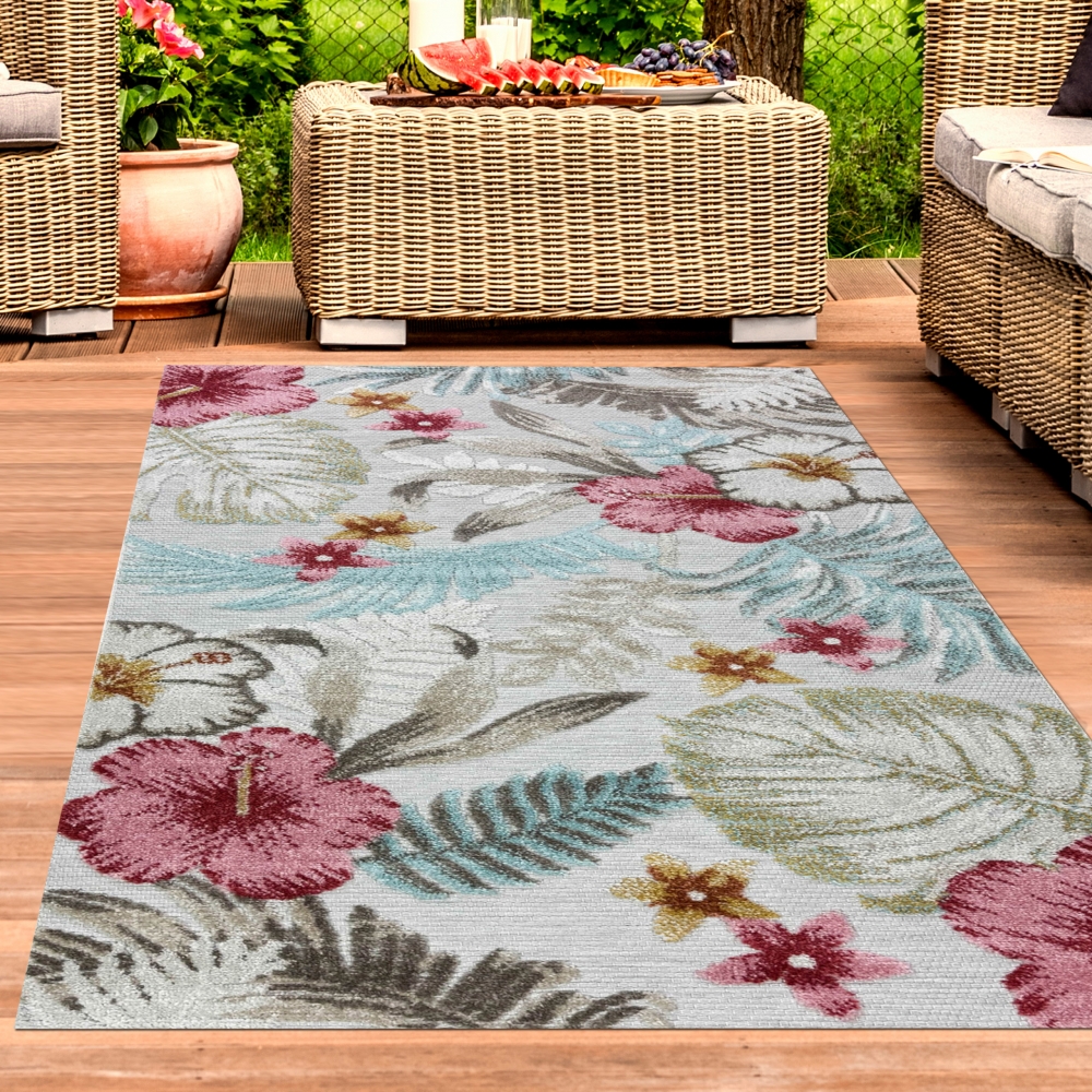 In- & Outdoor Teppich Blumen Muster mit 3d-Effekt in Türkis Bunt