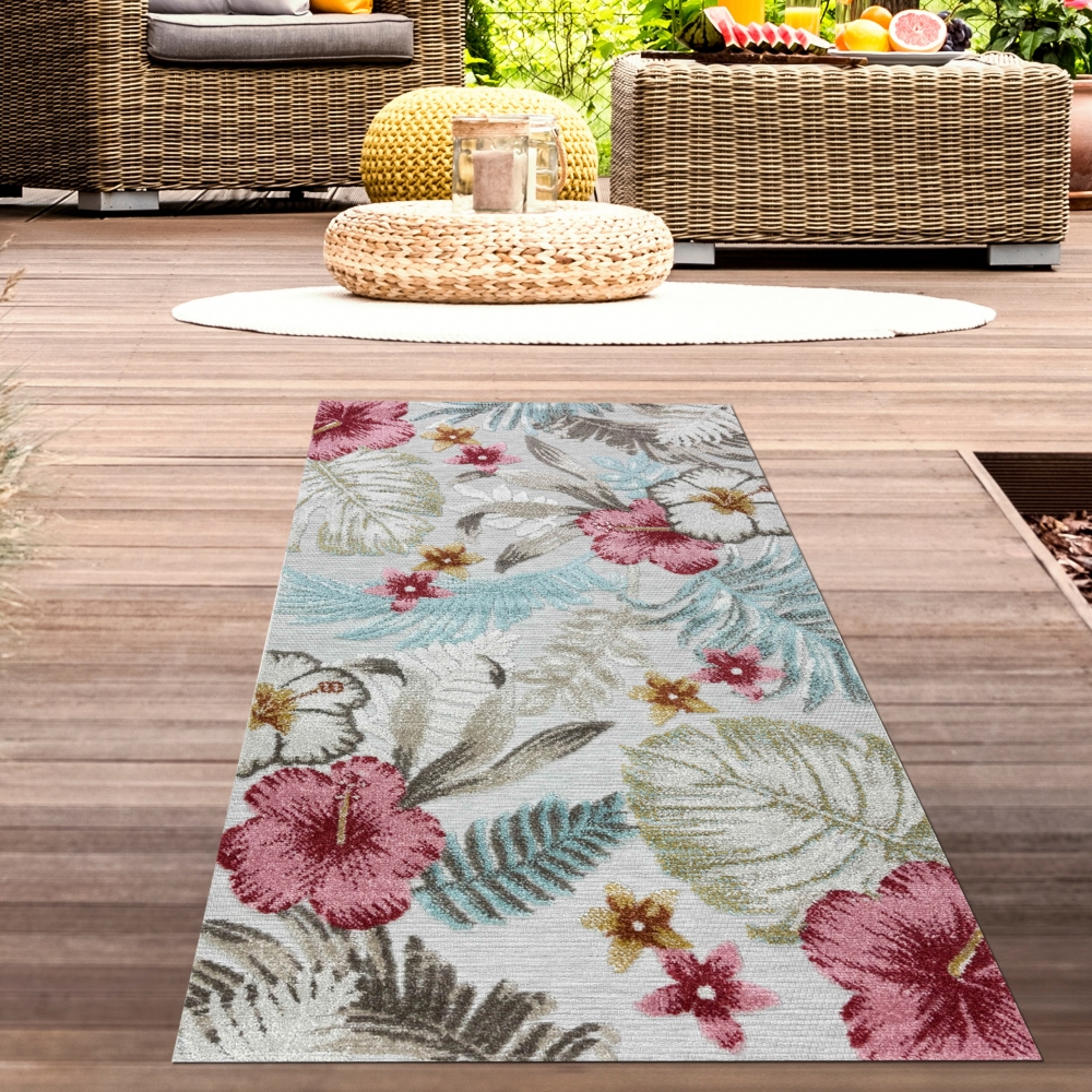 In- & Outdoor Teppich Blumen Muster mit 3d-Effekt in Türkis Bunt