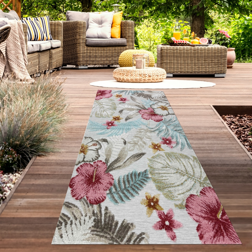 In- & Outdoor Teppich Blumen Muster mit 3d-Effekt in Türkis Bunt